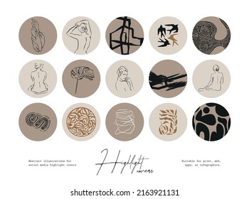 Set of hand drawn line art boho style vector illustrations. Icons and emblems for social media highlight covers.
