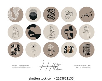 Set of hand drawn line art boho style vector illustrations. Icons and emblems for social media highlight covers.
