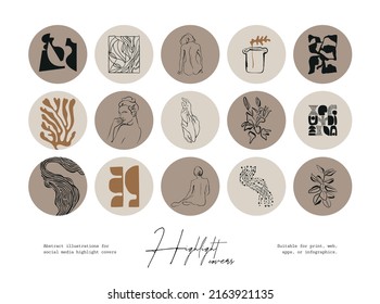 Set of hand drawn line art boho style vector illustrations. Icons and emblems for social media highlight covers.

