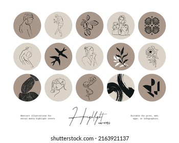 Set of hand drawn line art boho style vector illustrations. Icons and emblems for social media highlight covers.
