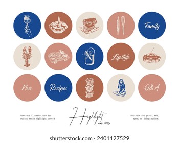 Set de ilustraciones de arte a mano de alimentos y bebidas para las portadas destacadas de los medios sociales	