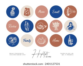 Set of hand drawn line art food and beverages illustrations for social media highlight covers	