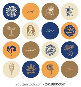 Set of hand drawn line art woman and botanical illustrations for social media highlight covers