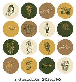 Set of hand drawn line art woman and botanical illustrations for social media highlight covers