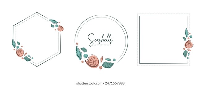 Conjunto de marcos de arte de línea dibujada a mano con conchas, burbujas, algas y coral. Marco de verano para monograma, logotipo, invitación, postal y más. Ilustración de la corona de Antiguas aislado sobre fondo blanco.