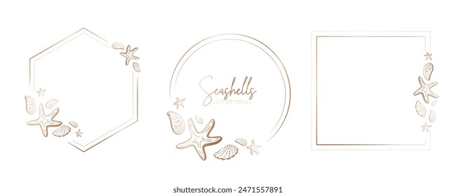 Set of hand drawn line art frames with shells, bubbles, algae and coral. Summer frame for monogram, logo, invitation, postcard, and more. Vintage wreath illustration isolated on white background.