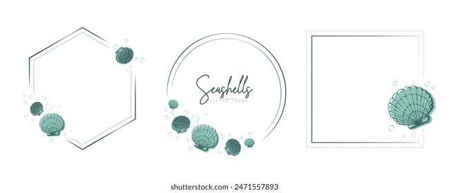 Set of hand drawn line art frames with shells, bubbles, algae and coral. Summer frame for monogram, logo, invitation, postcard, and more. Vintage wreath illustration isolated on white background.