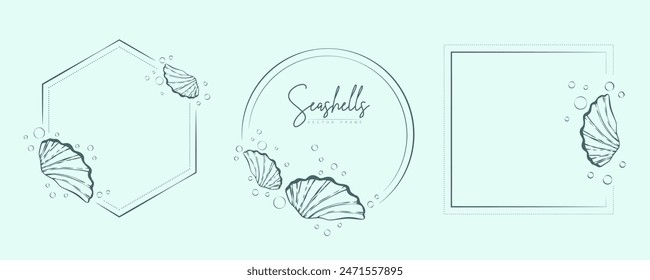 Set of hand drawn line art frames with shells, bubbles, algae and coral. Summer frame for monogram, logo, invitation, postcard, and more. Vintage wreath illustration isolated on white background.