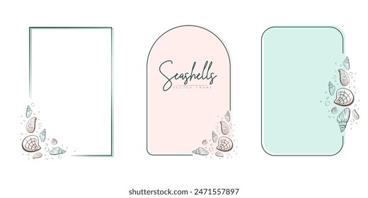 Set of hand drawn line art frames with shells, bubbles, algae and coral. Summer frame for monogram, logo, invitation, postcard, and more. Vintage wreath illustration isolated on white background.