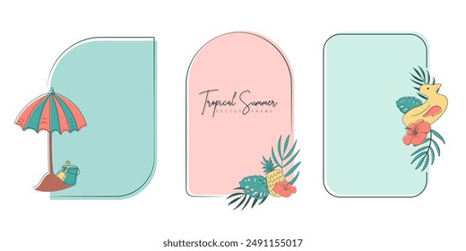 Set von handgezeichneten Linien-Kunstrahmen mit tropischen Sommer-Elementen. Vorlage-Rahmen für Monogramm, Logo, Einladung, Postkarte und mehr. Klassische Kranzdarstellung isoliert auf weißem Hintergrund.