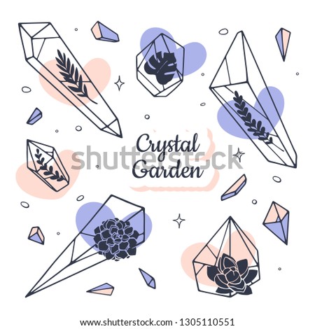 Set of hand drawn line art Minerals, crystals, gems with leaves, succulents inside. Magical elements set. Crystal garden lettering. 