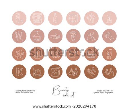Set of hand drawn line art vector beauty illustrations. Vector line icons set for social media story highlight.