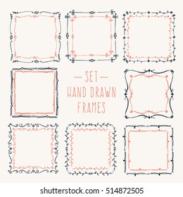 Set hand drawn line border. Vintage vector drawing frames to your template. Illustration with brush and ink. Scribble design element