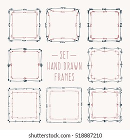 Set hand drawn line border. Vintage vector drawing frames to your template. Illustration with brush and ink. Scribble design element