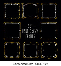 Set hand drawn line border. Vintage vector drawing frames to your template. Illustration with brush and ink. Scribble design element