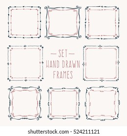 Set hand drawn line border. Vintage vector drawing frames to your template. Illustration with brush and ink. Scribble design element