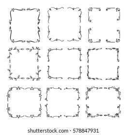 Set hand drawn line border. Vintage vector drawing frames to your template. Illustration with brush and ink. Scribble design element