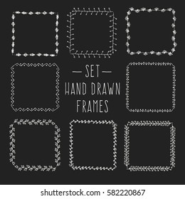 Set hand drawn line border. Vintage vector drawing frames to your template. Illustration with brush and ink. Scribble design element