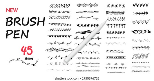 Set of hand drawn line borders, sketch strokes, scribbles and design elements isolated on white. Ink pen drawing lines, underline brush and pencil strokes brushes. Vector illustration