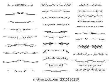 Set of hand drawn line borders, sketch strokes, scribbles and design elements isolated on white
