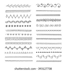 Set of hand drawn line  borders. Scribble and doodle design element. Ethnic, vintage fashion pattern. Design collection for badges, banners, posters, placards, lables, invitations and logotypes.