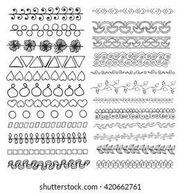 Set of hand drawn line borders. Scribble and doodle design element. Ethnic, vintage fashion pattern. Design collection for badges, banners, posters, placards, lables, invitations and logotypes.