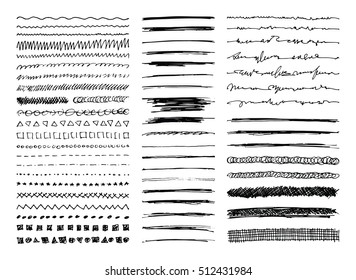 Set of hand drawn line borders, sketch strokes, scribbles and design elements isolated on white. Doodle style brushes. Monochrome vector eps8 illustration.