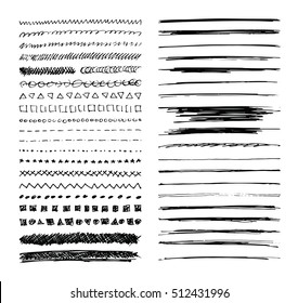 Set of hand drawn line borders, scribble strokes and design elements isolated on white. Doodle style brushes. Monochrome vector eps8 illustration.