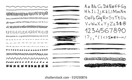 Set of hand drawn line borders, scribble strokes, handwritten font and design elements isolated on white. Doodle style brushes. Monochrome vector eps8 illustration.