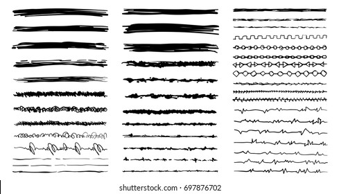 Set of hand drawn line borders, sketch strokes, scribbles and design elements isolated on white. Doodle style brushes. Monochrome vector