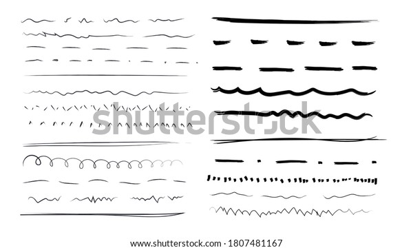 Set of hand drawn line borders, sketch strokes.\
Set of lines, hand drawn dividers, doodle underlines, different\
thickness brush stripes.