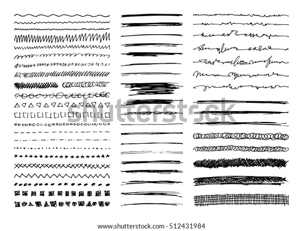 Set of hand drawn line borders, sketch\
strokes, scribbles and design elements isolated on white. Doodle\
style brushes. Monochrome vector eps8\
illustration.