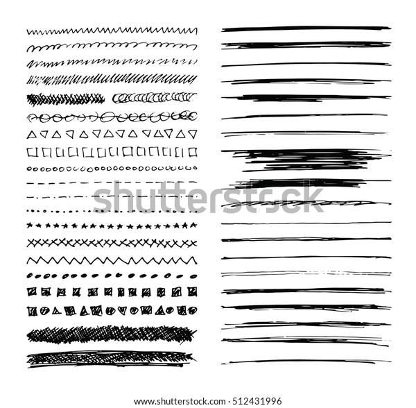 Set of hand drawn line borders, scribble\
strokes and design elements isolated on white. Doodle style\
brushes. Monochrome vector eps8\
illustration.