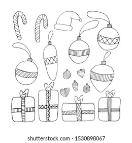 Set of hand drawn line christmas design elements in doodle style. Merry xmas, happy new year vector line illustration with christmas gift box, balls and candies.