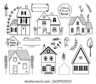 Set of hand drawn line cute houses and cottages, garden elements , sayings and quotes about Home sweet home, Welcome signs vector line art illustrations