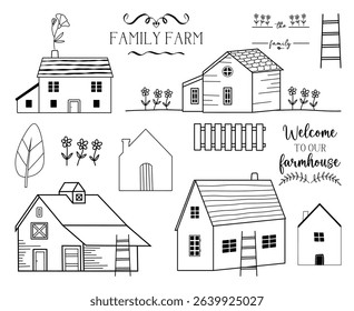 Set of hand drawn line cute houses and cottages, garden elements , sayings and quotes about Home sweet home, Welcome signs vector line art illustrations
