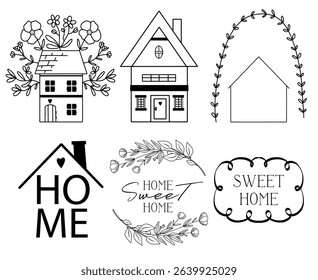 Set of hand drawn line cute houses and cottages, garden elements , sayings and quotes about Home sweet home, Welcome signs vector line art illustrations