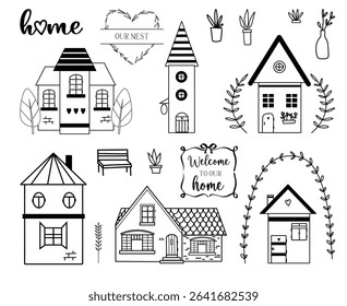 Set of hand drawn line cute houses and cottages, garden elements , sayings and quotes about Home sweet home, Welcome signs vector line art illustrations
