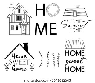Set of hand drawn line cute houses and cottages, garden elements , sayings and quotes about Home sweet home, Welcome signs vector line art illustrations