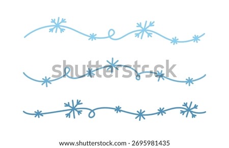 Set of hand drawn line dividers and borders decorated with snowflakes. Simple, festive, and elegant vector elements for winter holiday cards and banners. Christmas border lines with snowflakes.