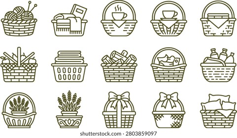 Set of hand drawn line featuring wicker baskets filled with various household plants, and food on a white background