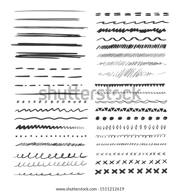 Set of hand drawn line.\
Grunge pencil line of black doodle graphite art texture. Vector\
grungy lines set