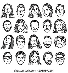 set of Hand drawn line happy people faces  of different genders, Design element for icon, logo, poster, card, banner, emblem, t shirt. Vector illustration