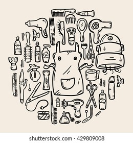 Set of hand drawn line icons on a theme: beauty, cosmetics, hairdressing salon, spa salon, cosmetology. Icons in the modern doodle style, arranged in a circle. The concept for a brochure, flyer, cover