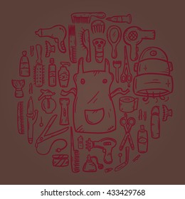 Set of hand drawn line icons on a theme: beauty, cosmetics, hairdressing salon, spa salon, cosmetology. Icons in the modern doodle style, arranged in a circle. The concept for a brochure, flyer, cover