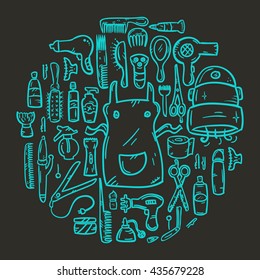 Set of hand drawn line icons on a theme: beauty, cosmetics, hairdressing salon, spa salon, cosmetology. Icons in the modern doodle style, arranged in a circle. The concept for a brochure, flyer, cover