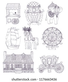 Set of hand drawn line illustrations of air balloon, carriage, mansion, carousel, harses, sail ship, elephant, candy cotton machine