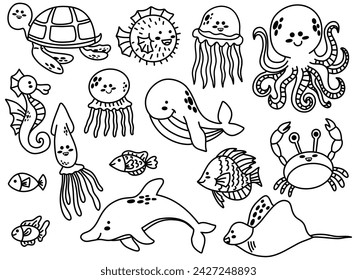 Set with hand drawn line sea animals