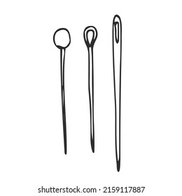 Set of hand drawn line sketches of needles for tailors, sewers isolated on white bg in doodle style