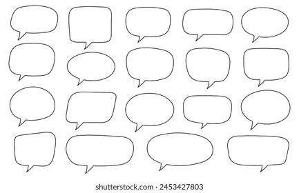 Conjunto de burbujas de habla de línea dibujada a mano en forma rectangular. Globo de discurso, burbujas de chat burbuja de arte línea de discurso burbujas para App y Sitios web.